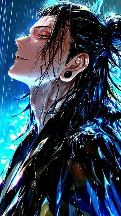 Hình Suguru Geto cà sa tối tóc buộc sau ánh mắt lạnh nền xám khói