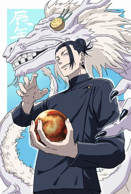 Hình anime Geto với chú lực cuộn xoáy đường nét sắc gọn nền khói bụi mờ