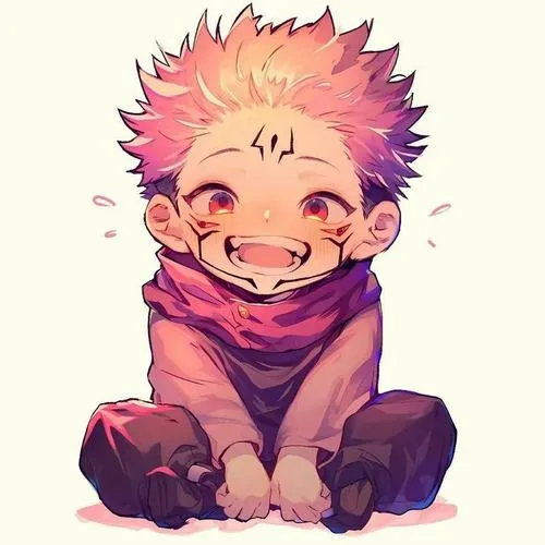 Tạo hình Sukuna phiên bản dễ thương ngồi xếp bằng áo tím, ánh mắt hiền hơn thường thấy