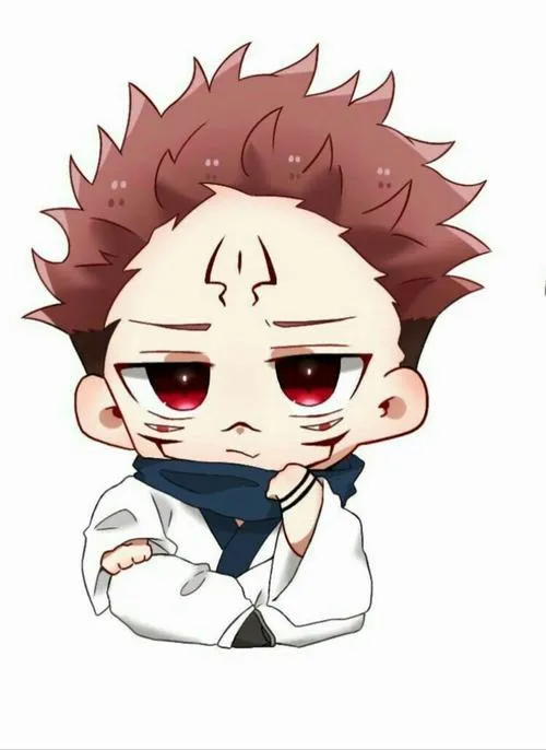 Ảnh Sukuna chibi dáng ngồi buồn rầu, mắt trũng, cảm giác đáng thương nhưng dễ mến