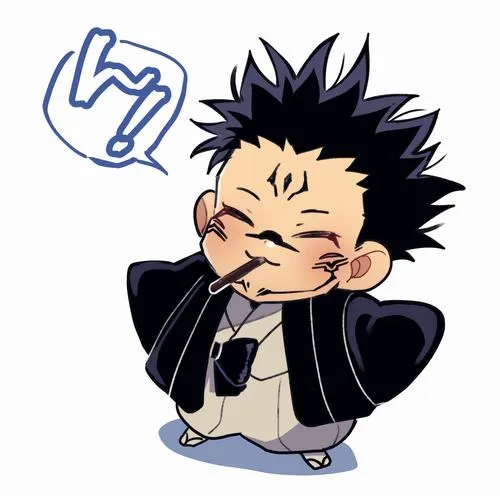 Tạo hình Sukuna phiên bản dễ thương chung khung với tóc đen, kiểu emote anime vui