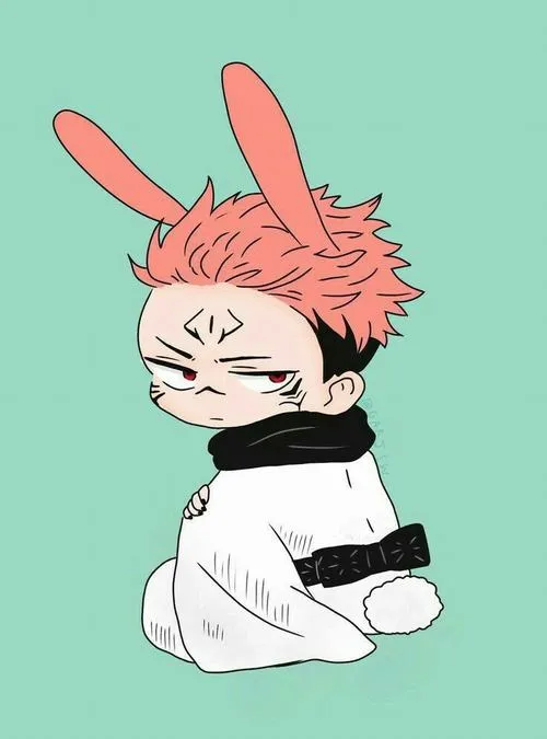 Vẽ Sukuna phong cách tí hon đội tai thỏ, dáng ngồi quay lưng, nền xanh nhìn lạ mắt
