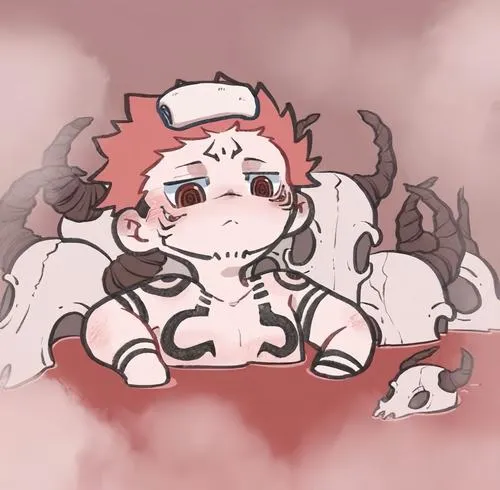 Ảnh Sukuna chibi cuộn tròn như mèo, quanh người có khói, cảm giác mềm và buồn cười