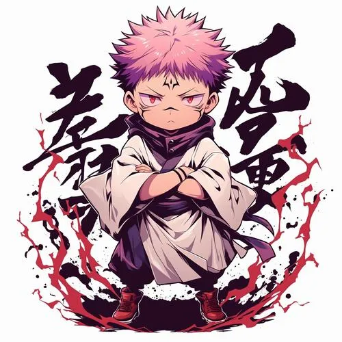 Ảnh Sukuna chibi đứng trước chữ thư pháp, vibe anime ngầu mà vẫn mũm mĩm