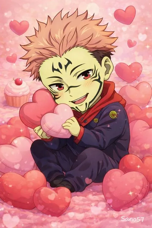 Ảnh Sukuna chibi ngồi giữa nền tim hồng, biểu cảm bĩu môi dễ thương kiểu fanart