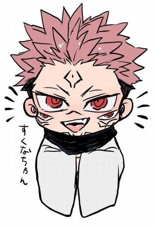 Tranh Sukuna kiểu chibi với bốn mắt và hình xăm đen, nét viền dày nhìn rất rõ