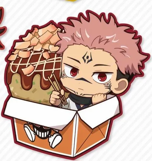 Ảnh Sukuna chibi chui trong hộp quà có bánh, tông nâu ấm, hợp làm sticker vui