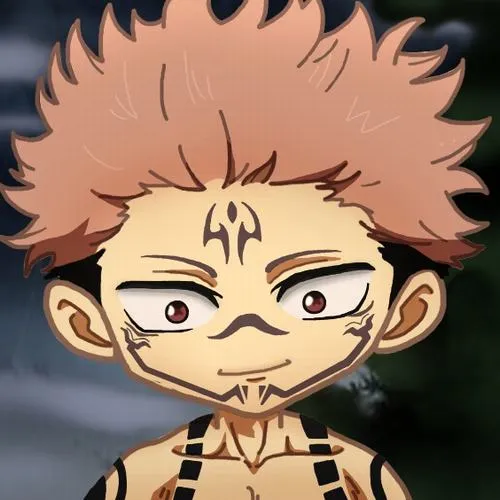 Hình Sukuna đáng yêu cận mặt nghiêm, tóc hồng rối, xăm đen rõ, hợp ảnh ngầu