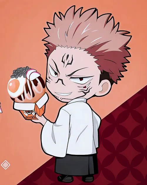 Tạo hình Sukuna phiên bản dễ thương cầm đồ ăn nhỏ, nền cam nhẹ hợp ảnh đẹp tối giản