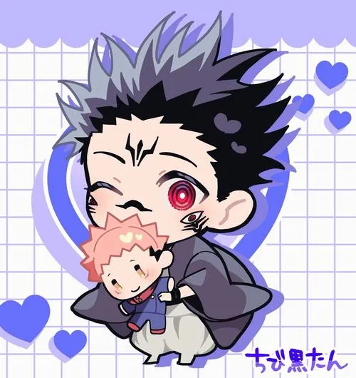 Vẽ Sukuna phong cách tí hon cạnh cậu tóc đen, không khí anime dễ thương và ấm áp