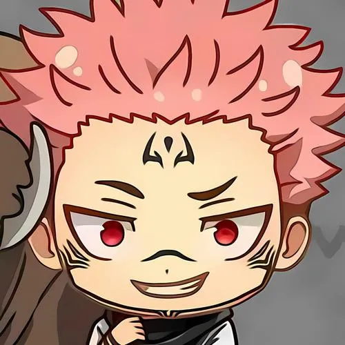 Hình Sukuna đáng yêu cận mặt, tóc hồng dựng, nụ cười tinh quái kiểu chibi