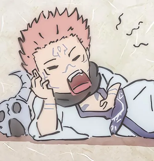 Ảnh Sukuna chibi nằm lăn trên giường, biểu cảm mệt mỏi đáng yêu, màu nhạt dịu