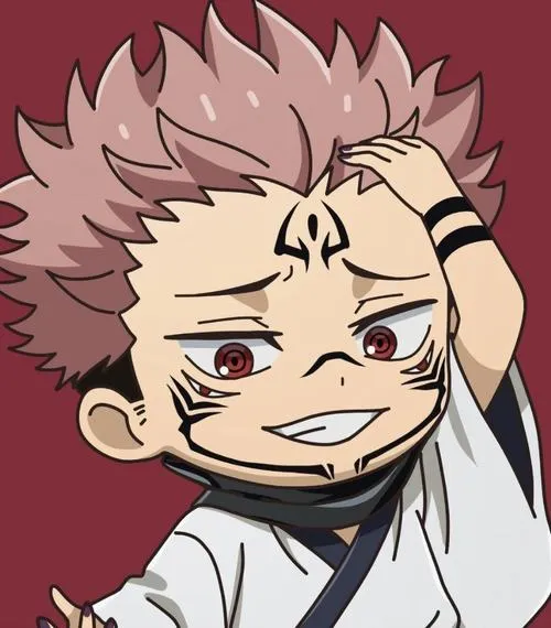 Tranh Sukuna kiểu chibi gãi đầu cười nhẹ, nền đỏ đậm giúp ảnh anime trông nổi hơn