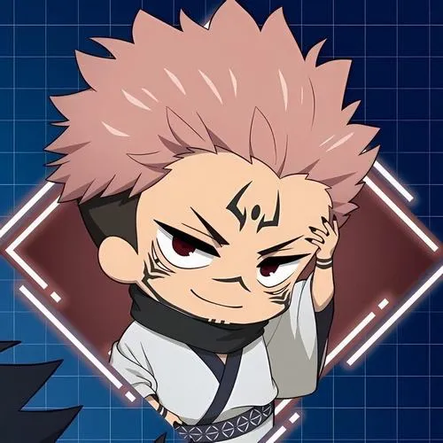 Ảnh Sukuna chibi tạo dáng chiến, nền xanh đậm, thần thái phản diện nhưng dễ mến