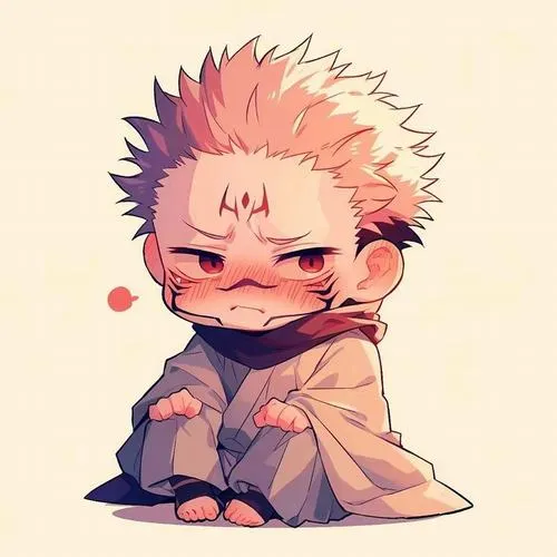 Ảnh Sukuna chibi ngồi bó gối, áo choàng tím, ánh mắt lườm nhẹ kiểu anime