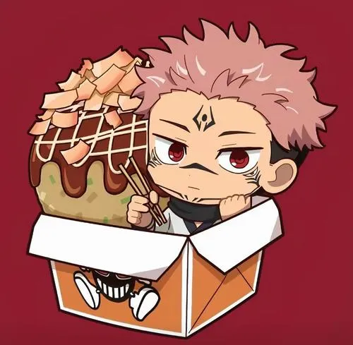 Tạo hình Sukuna phiên bản dễ thương ngồi trong hộp bánh, tông đỏ nâu nhìn ấm