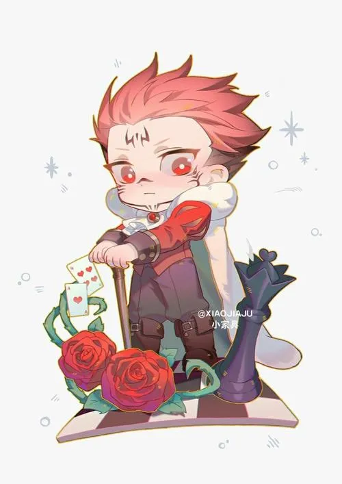 Ảnh Sukuna chibi cầm bó hoa nhỏ, dáng đứng gọn, hợp làm avatar dễ thương