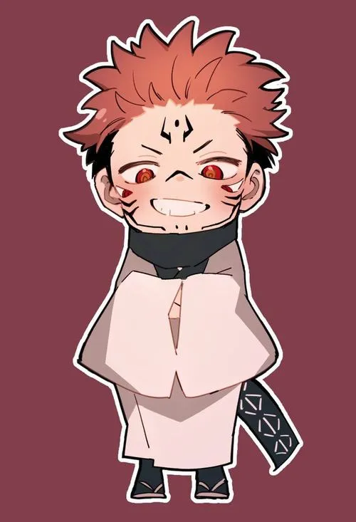 Ảnh Sukuna chibi đứng áo choàng dài, tay giấu sau lưng, nét anime tối giản gọn