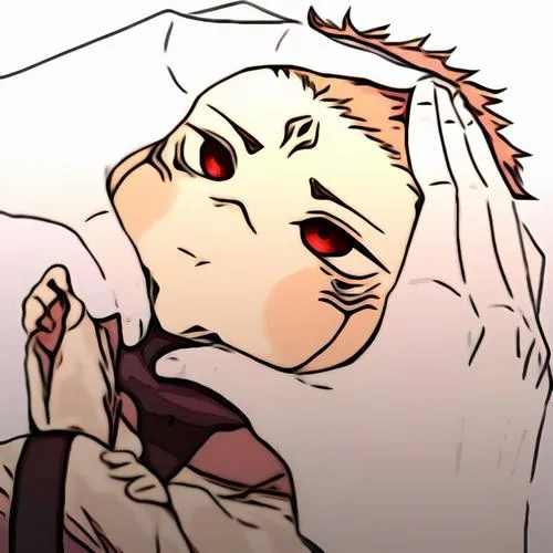 Tranh Sukuna kiểu chibi bị bóp má, mắt đỏ liếc khó chịu, cảm giác hài rõ rệt