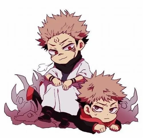 Ảnh Sukuna chibi ngồi cạnh bản gốc, nền tối, tạo tương phản fanart rất vui mắt