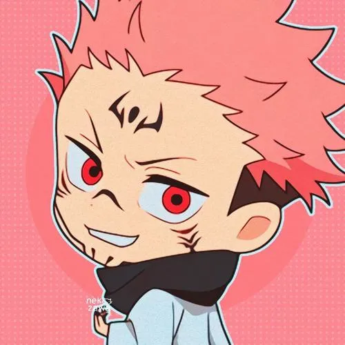 Minh họa Sukuna đầu to thân nhỏ nền hồng, nụ cười mỉa nhẹ, hợp avatar anime