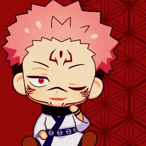 Tranh Sukuna kiểu chibi nhắm mắt bình thản, nền đỏ họa tiết, hợp làm sticker gọn