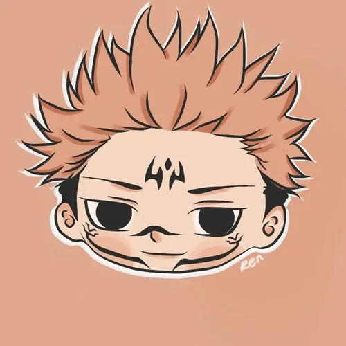 Minh họa Sukuna đầu to thân nhỏ mặt nghiêm, nền cam nhạt, hợp avatar đơn giản