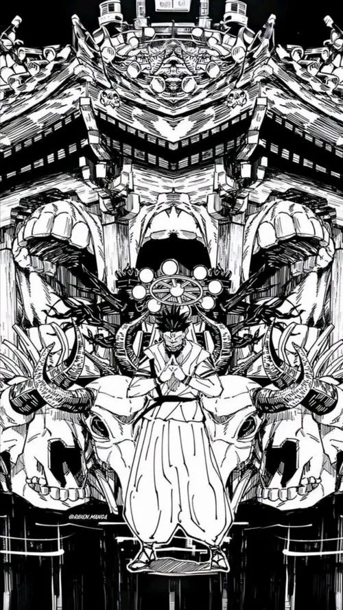 Panel Sukuna đen trắng đậm chất áp chế, vết khắc rõ nét và ánh mắt như bóp nghẹt không khí