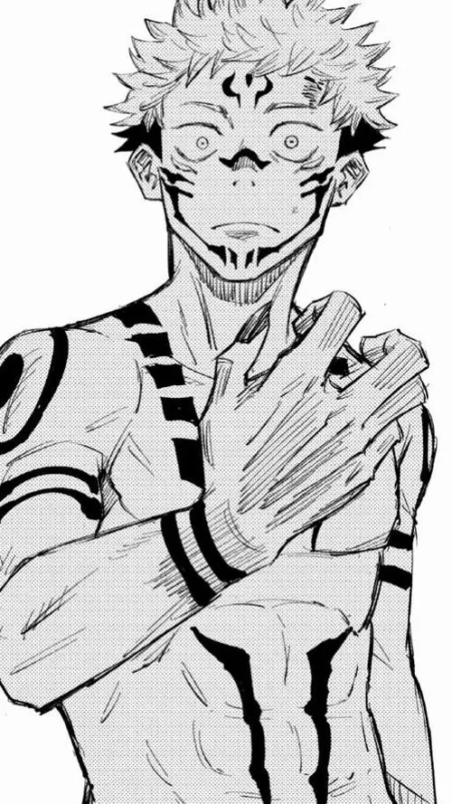 Ảnh Sukuna manga trắng đen nhấn vào tay tạo ấn, nét gắt, không khí kịch tính như sắp bùng nổ