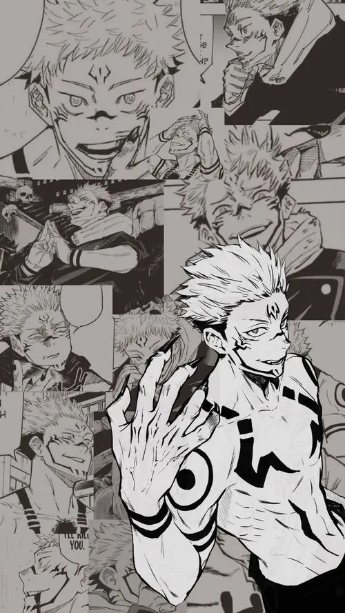 Sukuna manga trắng đen với bố cục cận cảnh, chữ hiệu ứng dồn dập và khí thế áp đảo