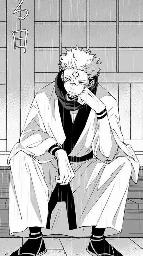 Ảnh Sukuna trắng đen tập trung vào dấu ấn trên mặt, tạo cảm giác u ám và căng thẳng kéo dài