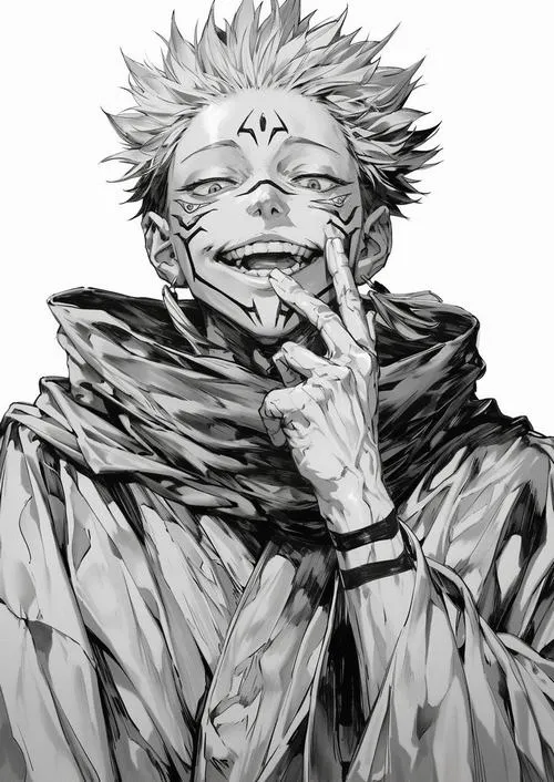 Ảnh panel Sukuna đen trắng kiểu đối đầu, mảng sáng tối chia khối mạnh và thần thái tàn nhẫn