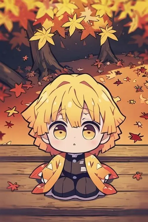 Ảnh Zenitsu chibi ngồi lá đỏ, tóc vàng bồng, ánh mắt hiền, cảm giác bối rối