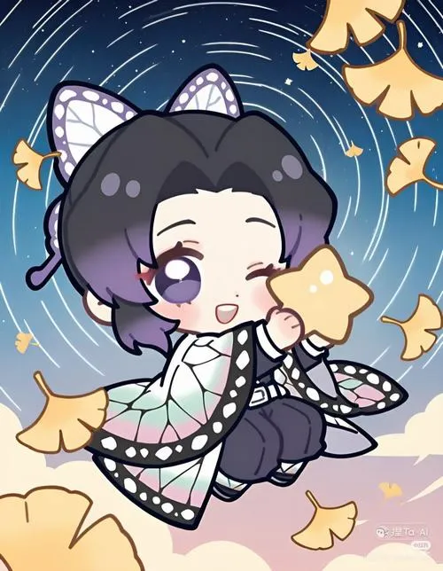 Hình Shinobu chibi tóc tím, cánh bướm sau lưng, nền đêm sao, nhìn nhẹ nhàng
