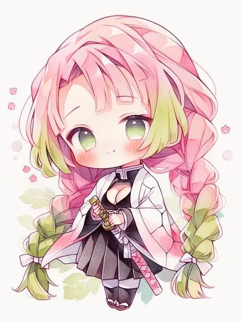 Ảnh Mitsuri chibi tóc hồng xanh, mắt xanh to, nụ cười ngọt, phong cách đáng yêu