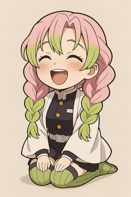 Tấm Mitsuri chibi cười bung nóc, tóc tết đôi, đồng phục Trụ cột nhìn rất vui