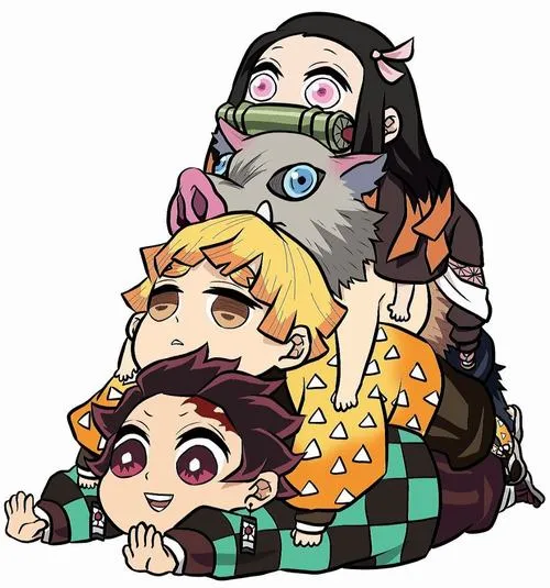 Hình Nezuko Tanjiro Zenitsu chibi chồng lên nhau, biểu cảm lầy, tình đồng đội rõ nét