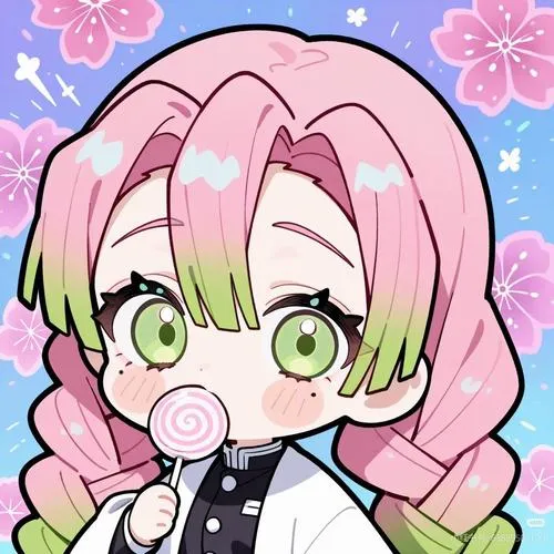 Ảnh Mitsuri chibi cầm kẹo mút, nền hoa sakura, màu hồng nổi bật, cực cute