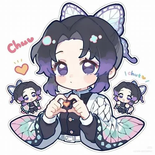 Bức Shinobu chibi mèo tai, ôm hai bản nhỏ, nền trắng sạch, đáng yêu tinh nghịch