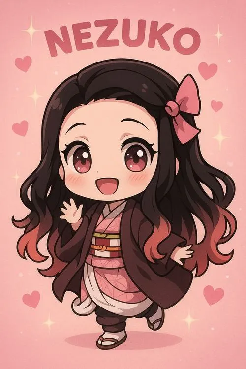 Ảnh Nezuko chibi mặt tròn, má hồng, chữ Nezuko nổi, hợp làm avatar dễ thương