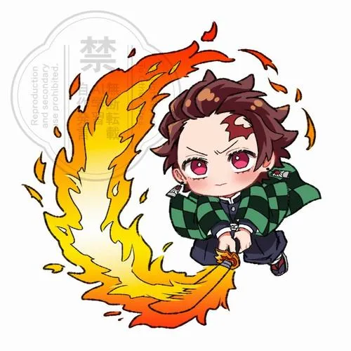 Hình Tanjiro chibi ôm vòng lửa, kiếm Nichirin sáng, biểu cảm quyết tâm rất rõ