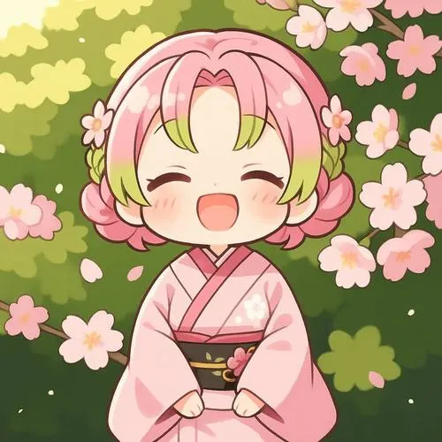 Ảnh Mitsuri chibi mặc kimono hồng, nền hoa, cười nhắm mắt, ngọt như kẹo bông