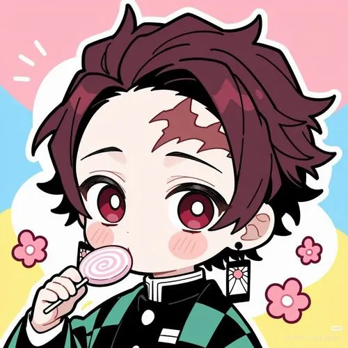 Nét Tanjiro chibi cầm kẹo mút, nền hồng, mắt sáng, nhìn một phát muốn lưu