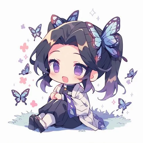 Hình Shinobu chibi ngồi ôm gối, bướm bay quanh, gam tím dịu, cực thơ