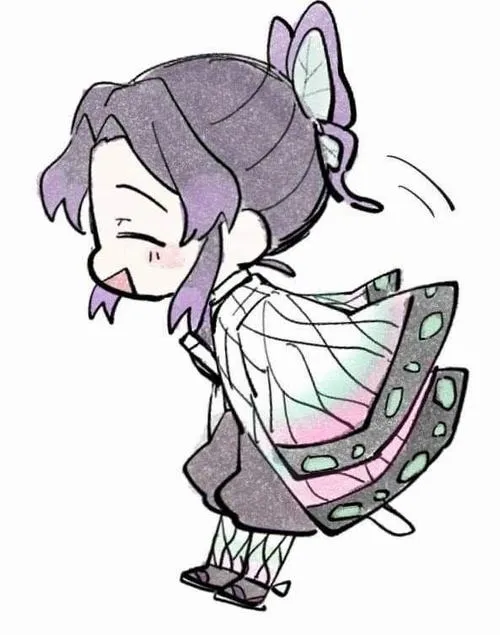 Ảnh Shinobu chibi chạy nghiêng, nét phác đơn giản, dáng nhẹ, đúng chất nhanh nhẹn