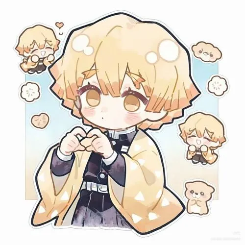 Màu Zenitsu chibi ôm mây bông, nền kem, tóc vàng mềm, cảm giác ngủ gật đáng yêu