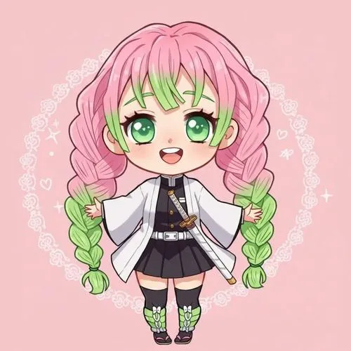 Hình Mitsuri chibi đứng thẳng, tóc tết hồng xanh, đồng phục gọn, thần thái vui tươi