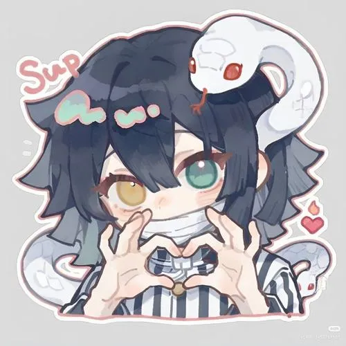 Cảnh Inosuke chibi tóc rối, mắt xanh, tạo hình tinh quái, nền xanh, vibe quậy phá