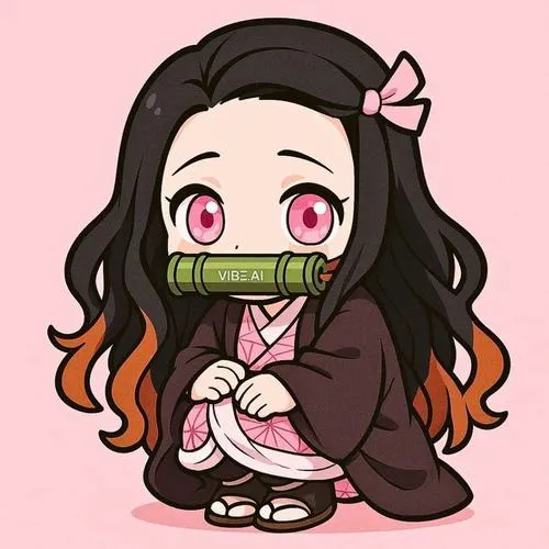 Hình Nezuko chibi ngồi nền hồng, tay đặt trước ngực, ánh mắt hiền, rất dễ mến