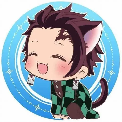 Ảnh Tanjiro chibi tai mèo, nền tròn xanh, cười tít mắt, cảm giác siêu thân thiện
